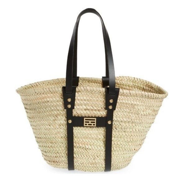 Frame Denim Handbags - Frame Straw Tote Bag NWT Natural Woven Black Leather Trim